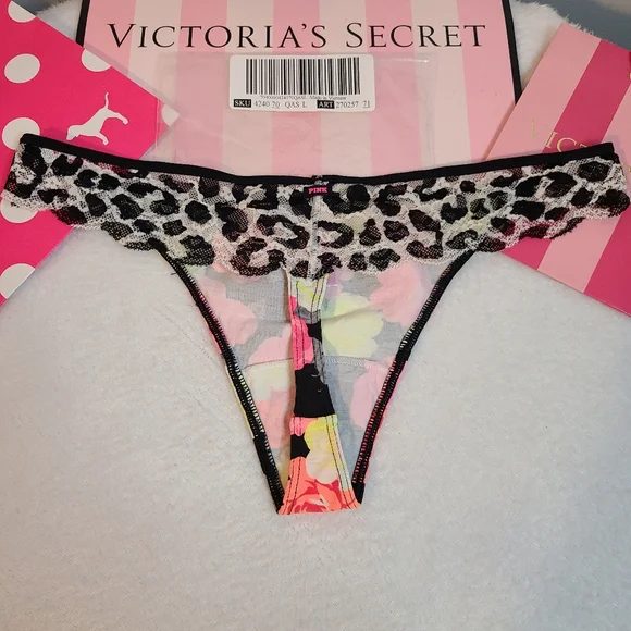 Y2K VS PINK Classic Cotton Lace Back Extra Low Rise Thong Panty Size Lg - Picture 3 of 6